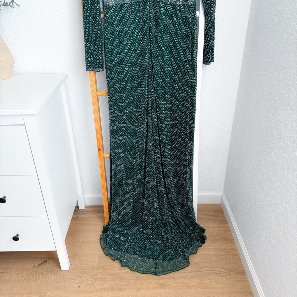 Mac Duggal Evening 5056 Long Sleeve Beaded High Slit Gown Green Beaded NEW - Picture 8 of 14